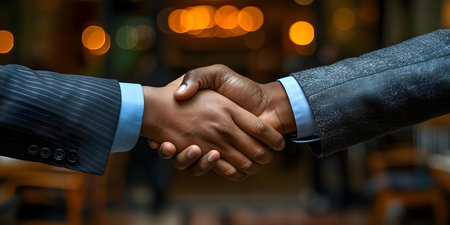 Symbolic Gesture: Office Professionals Shaking Hands in a Meeting. Concept Business Etiquette, Professional Networking, Corporate Communication, Team Collaborationの素材