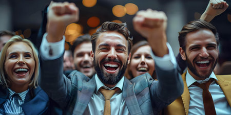 Entrepreneur celebrating with team after business milestone emphasizing the value of recognizing collective success. Concept Team Celebrations, Business Milestones, Collective Successの素材