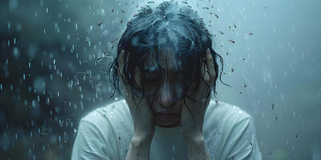 Detailed image of a person experiencing extreme fear of ants showing anxiety and distress caused by these tiny creatures. Concept Ant Phobia, Extreme Fear, Anxiety, Distressの素材