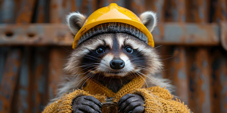 Raccoon wearing a work helmet on a construction site with building materials. Concept Construction Site, Raccoon Character, Work Helmet, Building Materialsの素材