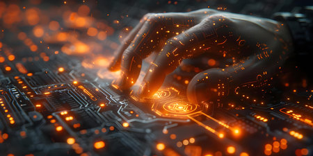 Engineer displays microchip symbols in a modern factory showcasing futuristic AI technology. Concept Technology, Engineering, Microchips, Factory, Futuristicの素材