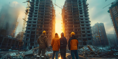 Diverse team of experts inspecting construction site of commercial building with crane and skyscraper in background. Concept Construction Inspection, Diverse Team, Commercial Building, Craneの素材