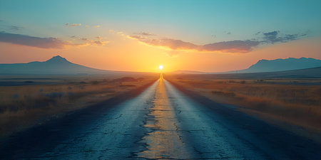 Endless highway stretching towards the horizon symbolizes limitless possibilities and pursuit of dreams. Concept Symbolism, Dreams, Highways, Possibilitiesの素材