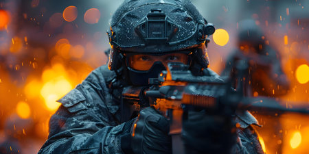 On-Duty SWAT Officer in Full Tactical Gear. Concept Police Equipment, Law Enforcement, Tactical Gear, Uniform, First Responderの素材