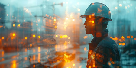 Engineer with plan overlaid on city construction site in double exposure. Concept Double Exposure, Engineers at Work, Construction Site, Urban Scene, Innovative Designの素材