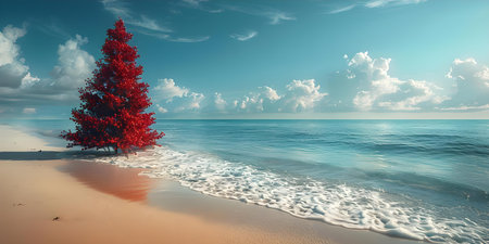 Christmas tree on beach symbolizing blending of holiday spirit with warm weather due to climate change. Concept Christmas, Climate Change, Holiday Season, Beach, Symbolismの素材