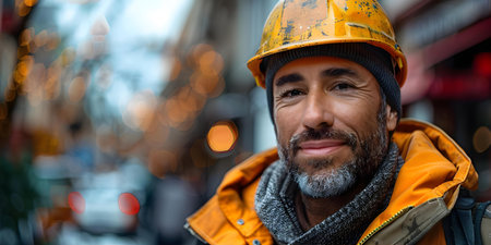 Middleaged man in hard hat and work vest smirking on a construction site Image generated by AI. Concept Construction Worker, Smirking, Hard Hat, Work Vest, Construction Siteの素材