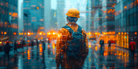 Incorporating modern technology in a digital construction environment: Double exposure of building engineers and construction workers. Concept Digital Construction, Modern Technologyの素材