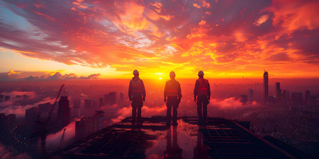 Skilled teamwork and modern machinery at a construction site with towering steel structures under a beautiful sunset. Concept Construction Site, Skilled Teamwork, Modern Machinery, Steel Structuresの素材