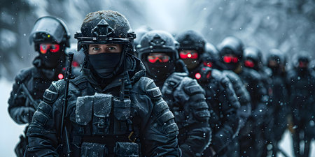 Riot police in full gear standing in formation during a protest. Concept Protest, Riot Police, Civil Unrest, Police Formation, Public Demonstrationの素材