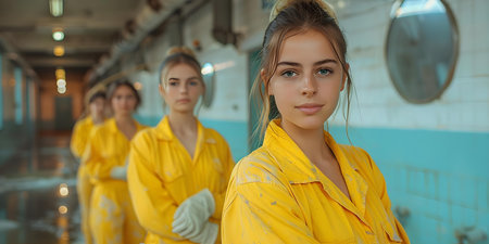 Professional cleaning team at work. Concept Cleaning professionals, workplace hygiene, deep cleaning process, sanitation procedures, professional cleaning toolsの素材