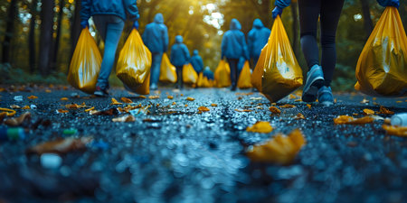 Volunteers participate in outdoor cleanup for World Environment Day. Concept World Environment Day, Outdoor Cleanup, Community Service, Volunteer Work, Environmental Awarenessの素材