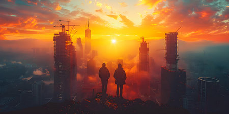 Diverse Team of Experts Inspecting Construction Site with Crane and Skyscraper in Background. Concept Construction Site Inspection, Team of Experts, Crane and Skyscraper, Diverse Teamの素材