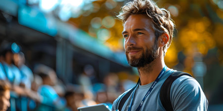Coach in T-Shirt Observes Game Team Players and Takes Notes on Tablet to Strategize. Concept Sports Coaching, Game Analysis, Tablet Technology, Strategy Planning, Team Performanceの素材