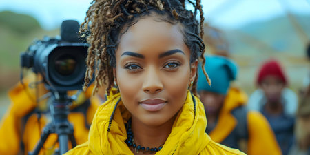 Young African American filmmaker leading a diverse crew in an urban setting showing her vision and leadership skills. Concept Filmmaking Diversity, Urban Setting, African American Leadershipの素材