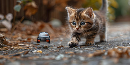 Kitten in a comical chase with remote control car. Concept Comical Chase, Kitten Playtime, Remote Control Car Mischief, Pet Entertainment, Playful Petsの素材