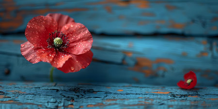 Symbolic Closeup: Red Poppy Pin on Wooden Background With Blue Sky. Concept Symbolic Closeup, Red Poppy Pin, Wooden Background, Blue Skyの素材