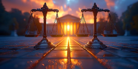 Legal consultation service with justice scales in front of a courthouse abstract background with copy space. Concept Legal Consultation, Justice Scales, Courthouse Background, Copy Spaceの素材