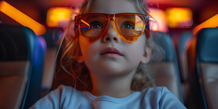 Excited child in movie theater wearing 3D glasses captivated by the film on screen. Concept Entertaining Moments, Movie Theater Experience, 3D Glasses, Captivating Film, Child's Excitementの素材