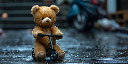 Cute Teddy Bear on a Scooter. Concept Teddy Bear, Scooter, Cute, Plush Toy, Funの素材