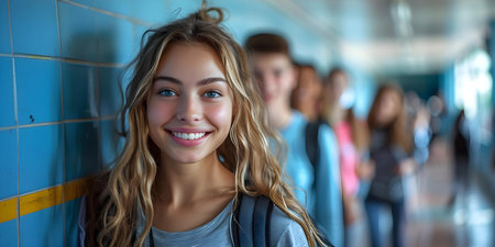 Students from different backgrounds smiling and chatting in school corridor before classes start. Concept Student Diversity, School Environment, Morning Chatter, Multicultural Integrationの素材
