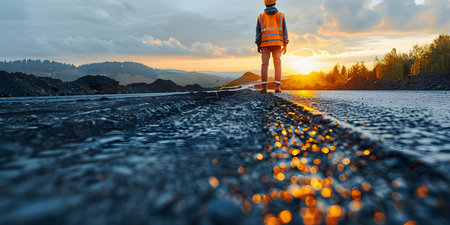 Civil engineer inspecting road construction work on expressway project. Concept Road Construction Inspections, Civil Engineering, Expressway Projects, Infrastructure Developmentの素材