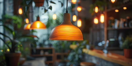 Ceiling lights hanging in a room, casting a warm and cozy glow. Concept Interior Lighting, Cozy Atmosphere, Room Decor, Hanging Lights, Ambient Glowの素材