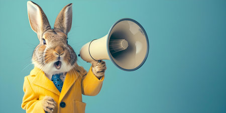 Easter bunny holding a megaphone in a collage of business-related images symbolizing promotion and communication in the workplace. Concept Easter Bunny, Megaphone, Business Images, Promotionの素材
