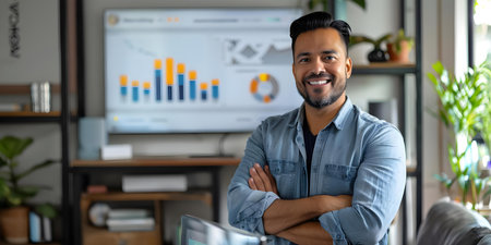 Confident Hispanic man displays a TV screen with a profitable chart symbolizing success and company growth. Concept Success Story, Business Goals, Company Growth, Profitable Chart, Hispanic Manの素材