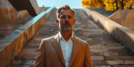 Climbing the Stairs of Success: A Businessman's Determination, Ambition, and Future Planning. Concept Business Success, Determination, Ambition, Future Planning, Climbing the Stairsの素材