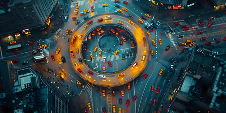 Urban Transportation Infrastructure: Aerial View of a Busy Highway Intersection. Concept Urban Infrastructure, Transportation, Aerial View, Highway Intersection, Traffic Managementの素材