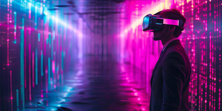 Exploration of a neon data space by a man in a suit with VR headset. Concept Neon Data Space, Man in Suit, VR Headset, Exploration, Technologyの素材