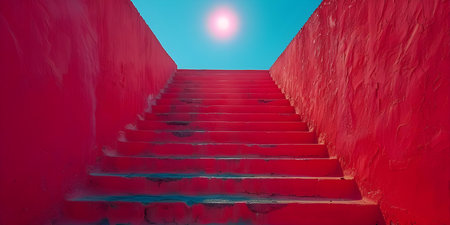 A dramatic image of a staircase leading up to a bright light in the sky symbolizing a path to success. Concept Conceptual Photography, Staircase to Success, Dramatic Lighting, Symbolic Imageryの素材