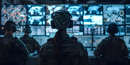 Female and male military officers at a government surveillance agencys control center during a joint operation. Concept Military Officers, Government Surveillance, Control Center, Joint Operationの素材