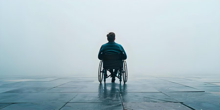 A man in a wheelchair symbolizing disability inclusion and accessibility with copy space. Concept Disability Inclusion, Accessibility, Wheelchair Representation, Copy Space, Diversityの素材
