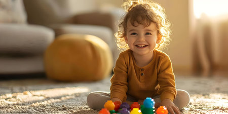 Joyful young child engaged in educational play at home on carpet. Concept Child Development, Early Learning, Playtime, Home Activities, Educational Funの素材