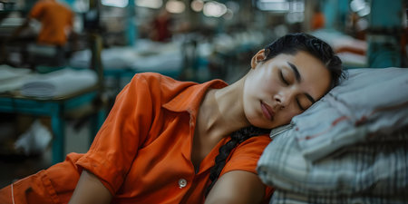 A tired woman worker rests in a textile factory part of a program for migrant socialization. Concept Textile factory, Migrant workers, Socialization program, Tired woman, Restingの素材