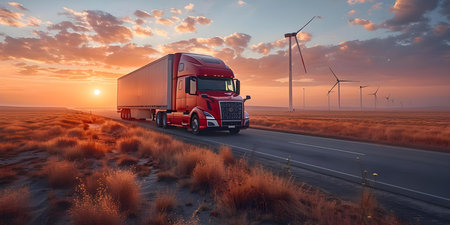 Truck on the Road Powered by Renewable Hydrogen Fuel: A Symbol of Clean and Sustainable Energy. Concept Hydrogen Fuel, Clean Energy, Sustainable Transportation, Renewable Power, Green Technologyの素材