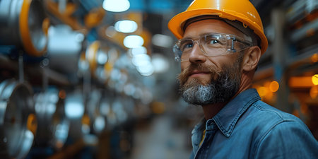 Bearded businessman in hardhat walking with female employee in production workshop with copy space. Concept Business, Bearded Man, Hardhat, Production Workshop, Copy Spaceの素材