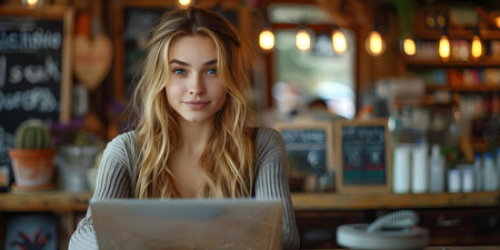 A woman multitasking with a laptop and phone in her shop. Concept Businesswoman, Multitasking, Small Business, Technology, Entrepreneurshipの素材