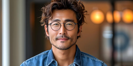 A Confident and Successful Asian Man in Denim Attire Symbolizing Business Success. Concept Business Success, Asian Man, Denim Attire, Confidence, Successfulの素材