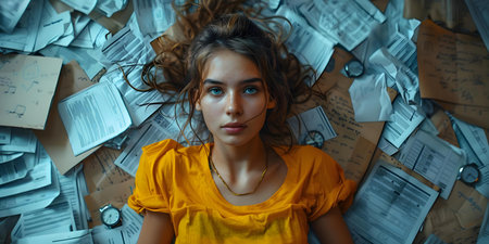 Navigating Chaos: A Busy Young Woman's Struggle with Time Management, Chronic Fatigue, and Overwork. Concept Time Management, Chronic Fatigue, Overwork, Coping Strategies, Work-Life Balanceの素材