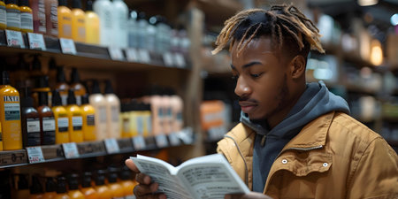 A young African American man shopping for deodorant in a supermarket carefully reading labels on cosmetic products. Concept Young Man, African American, Shopping, Supermarket, Deodorantの素材