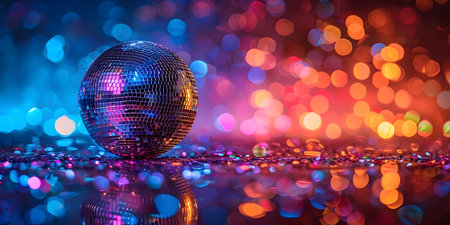 The Shimmering Disco Ball: A Festive Atmosphere of Colorful Lights and Lively Energy. Concept Disco ball, Festive atmosphere, Colorful lights, Lively energyの素材