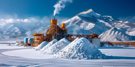 Salt Lake City Utah desert landscape with salt mining factory at Lake Bonneville and piles of white mineral and industrial equipment. Concept Salt Lake City, Lake Bonneville, Desert Landscapeの素材