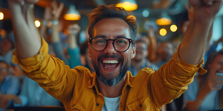 A group of professionals in an office setting cheering and celebrating a successful project. Concept Business Success, Office Celebration, Team Achievement, Professional Triumph, Corporate Happinessの素材