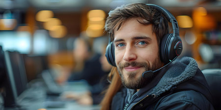 Customer service representative assisting a client with technical support over the phone in a modern office. Concept Customer Service, Technical Support, Phone Assistance, Modern Officeの素材