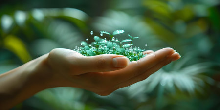 Woman's Hand Holding Various Energy Resource Icons Representing Clean and Natural Energy Sources. Concept Clean Energy, Natural Resources, Renewable Power, Energy Icons, Sustainable Environmentの素材