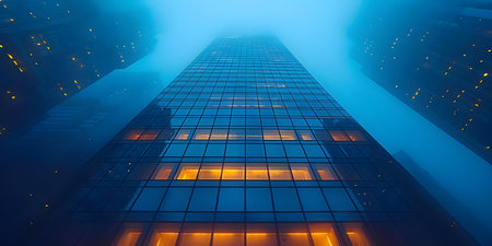 Tall modern skyscraper in a city skyline with blue tones dominating the view of downtown. Concept Cityscape Photography, Skyscraper Architecture, Urban Development, Blue Tones, Modern City Skylineの素材