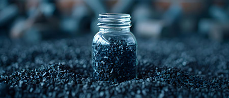 Granular activated carbon in a bottle used for various purification processes like water air and metal extraction. Concept Activated Carbon, Water Purification, Air Filtration, Metal Extractionの素材